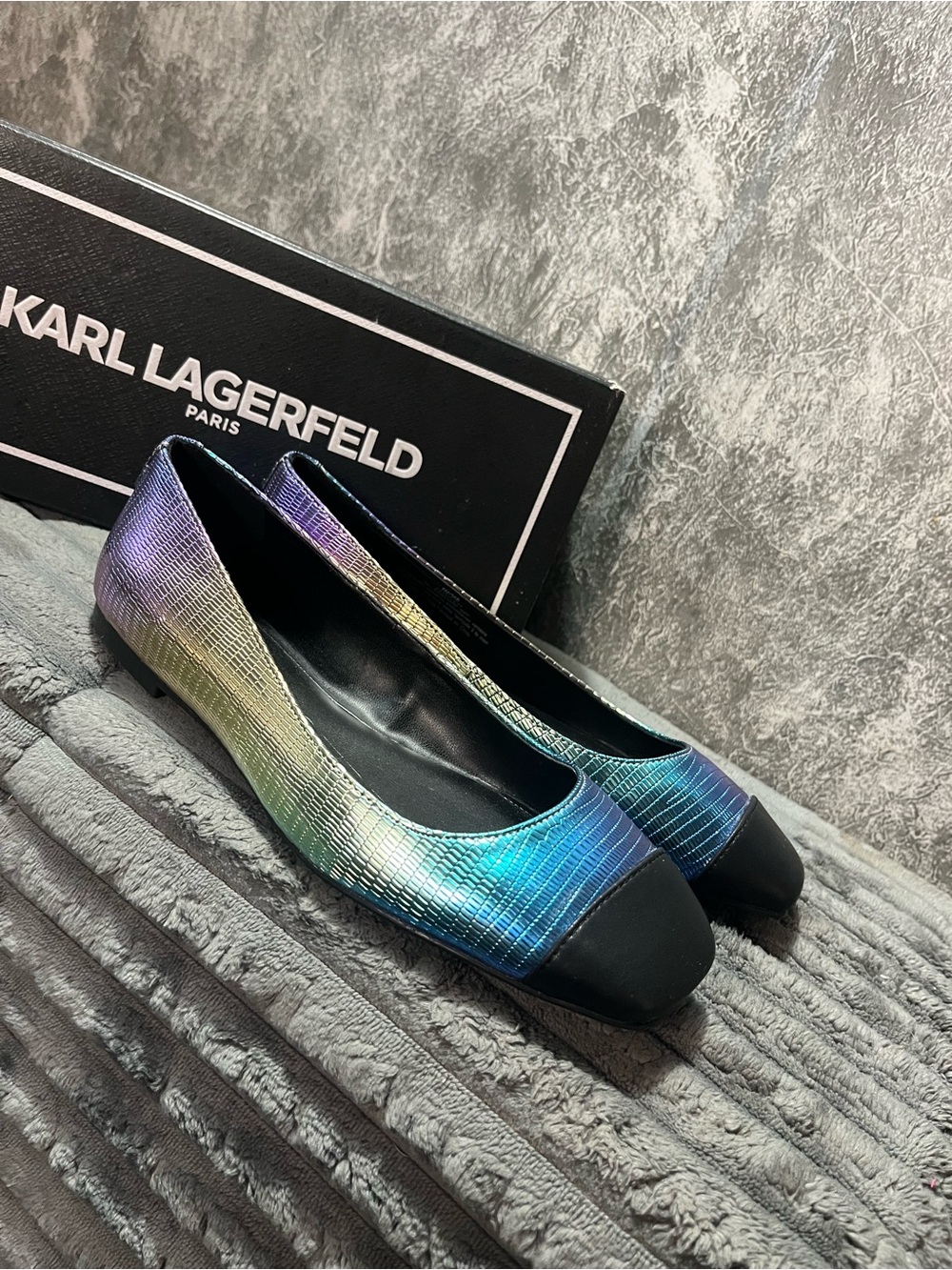 Karl Lagerfeld Iridescent Rainbow Flats with Black Cap Toe NEW